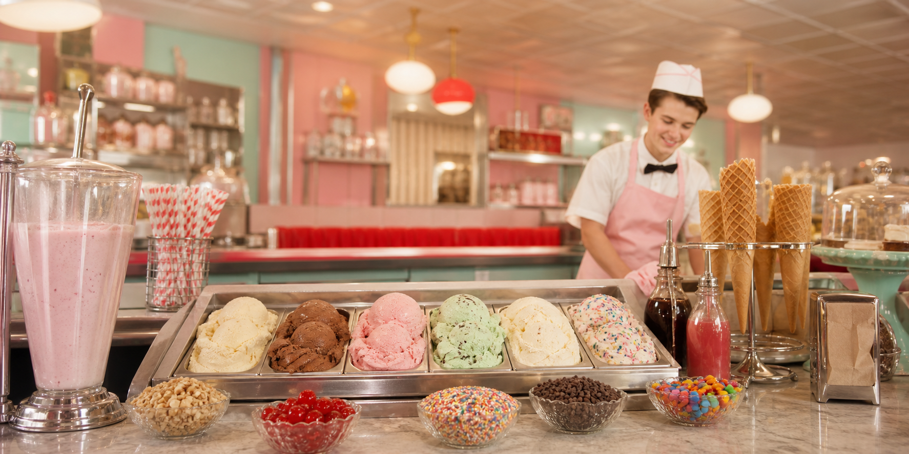 A retro ice cream parlor counter with scoops, cones, toppings, and a milkshake blender